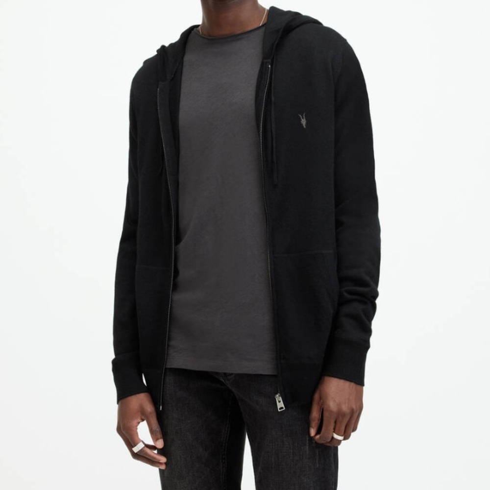 Mens All Saints Merino Wool Black Ramskull Zip Hoodie Sz XL